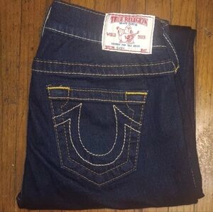 True Religion Women's Y2K Indigo Jeans with Yellow Stitching